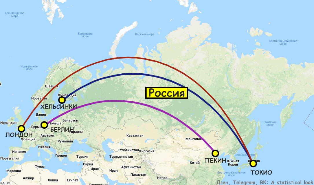 На примере некоторых рейсов рассмотрим, как самолеты европейских компаний теперь вынуждены облетать Россию.
