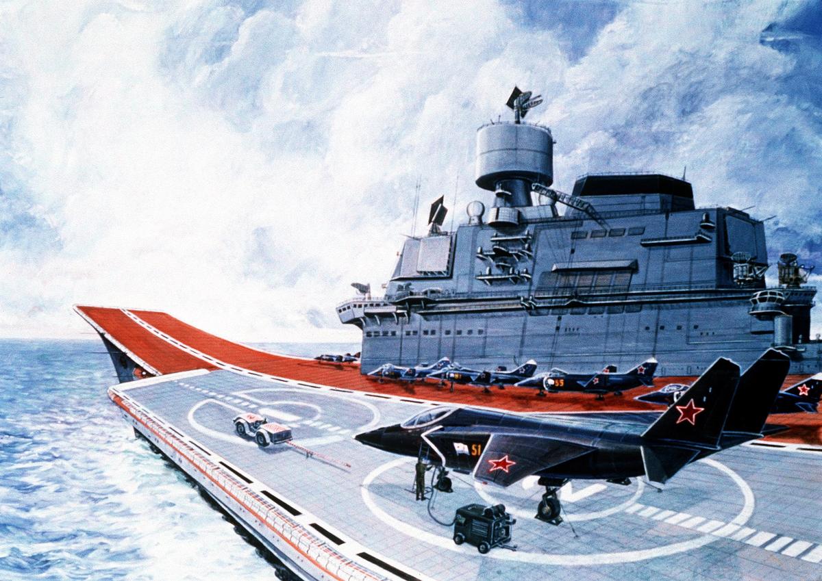Як-41 (позднее он станет Як-141) готовится к старту с палубы ТАВКР «Тбилиси» (будущий «Кузнецов»). Фантазия художника журнала Soviet Military Power