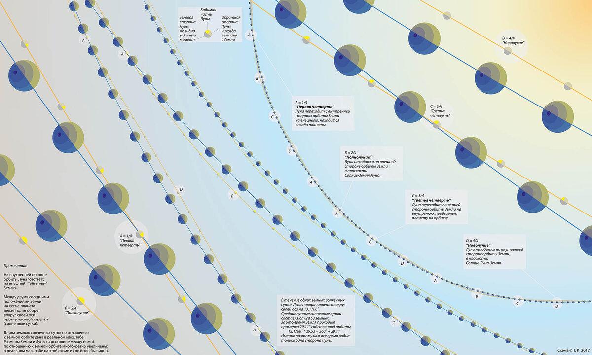 Схема гелиоцентрической орбиты Луны. Автор Тимофей Решетов, 2017.   Кликайте, чтобы увеличить.