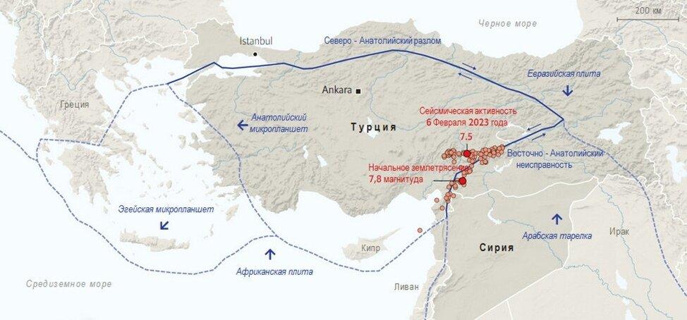 Карта разломов под Турцией (приурочена к землетрясению-2023)