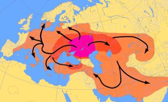 Карта миграций индоевропейцев приблизительно с 4000 по 1000 год до н. э. согласно разным археологическим исследованиям. По ней можно понять, что все индо-иранские и европейские народы вышли с территории исторической Руси
