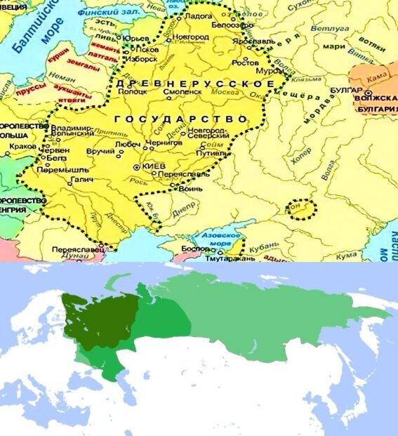Территория Древнерусского государства через некоторое время до его официального образования, а на карте ниже показано стремительное его расширение в течение всего нескольких последующих столетий