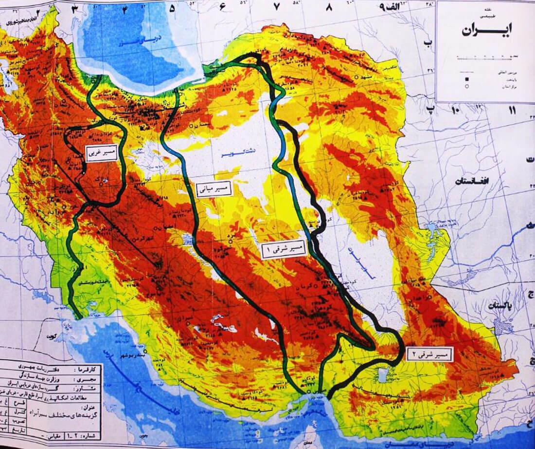 Варианты маршрутов канала "Иранруд". Наиболее предпочтительным является самый восточный из них. Источник изображения: https://tejaratnews.com