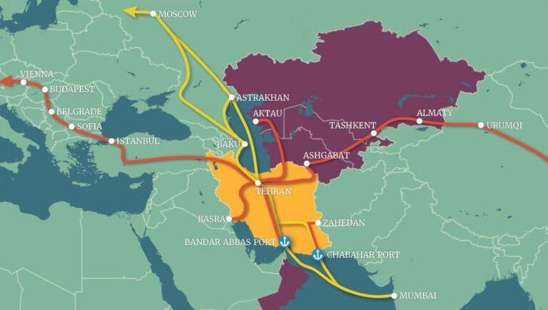 Действующие транспортные коридоры Ирана. Красным цветом - железные дороги, жёлтым - морские/шоссейные пути. Источник изображения: https://www.onthemosway.eu