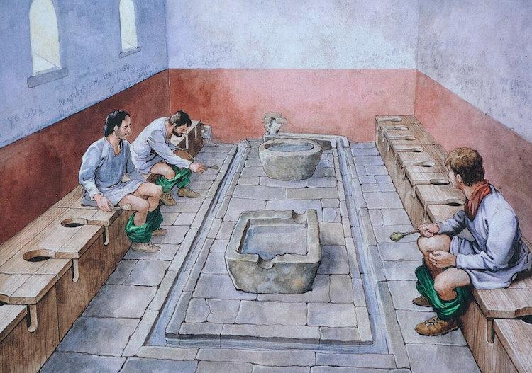 Реконструкция римских уборных, использовавшихся в форте Хаусстед вдоль стены Адриана