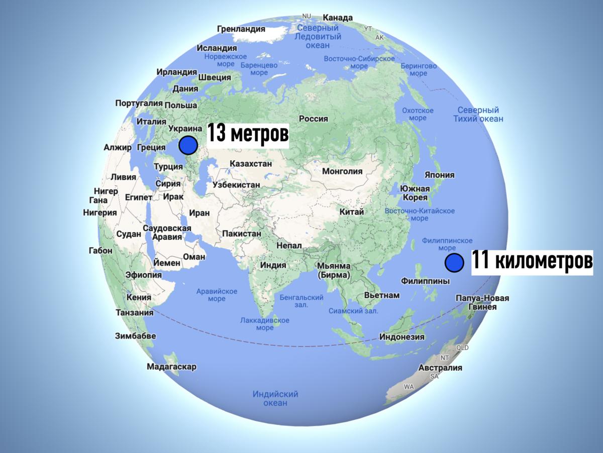 Всего в мире насчитывается от 74 до 103 морей (смотря, как считать).  Самое глубокое – Филлипинское (максимальная глубина около 11 км), самое мелкое – соседнее с Черным Азовское море (всего 13 метров).