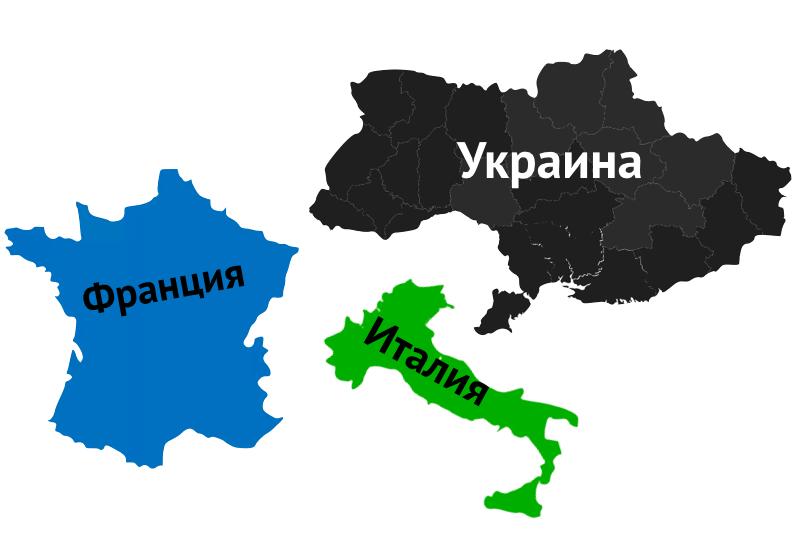 1. Площадь Площадь Украины – 576 000 км2. Это самая большая страна, целиком расположенная в Европе. Следующая за ней Франция имеет площадь 547 000 км2.