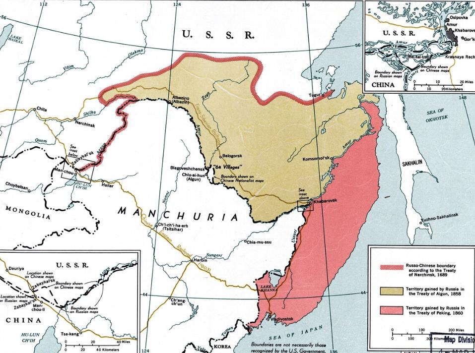 Желтым отмечены земли присоединены Россией Аргунским договором, красным - Пекинским. 